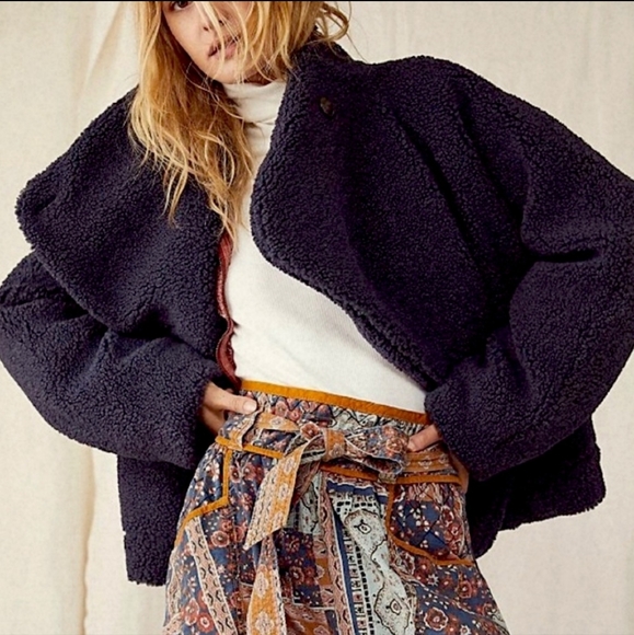 Free People Jackets & Blazers - Free People Izzy Wrap Blue Teddy Coat